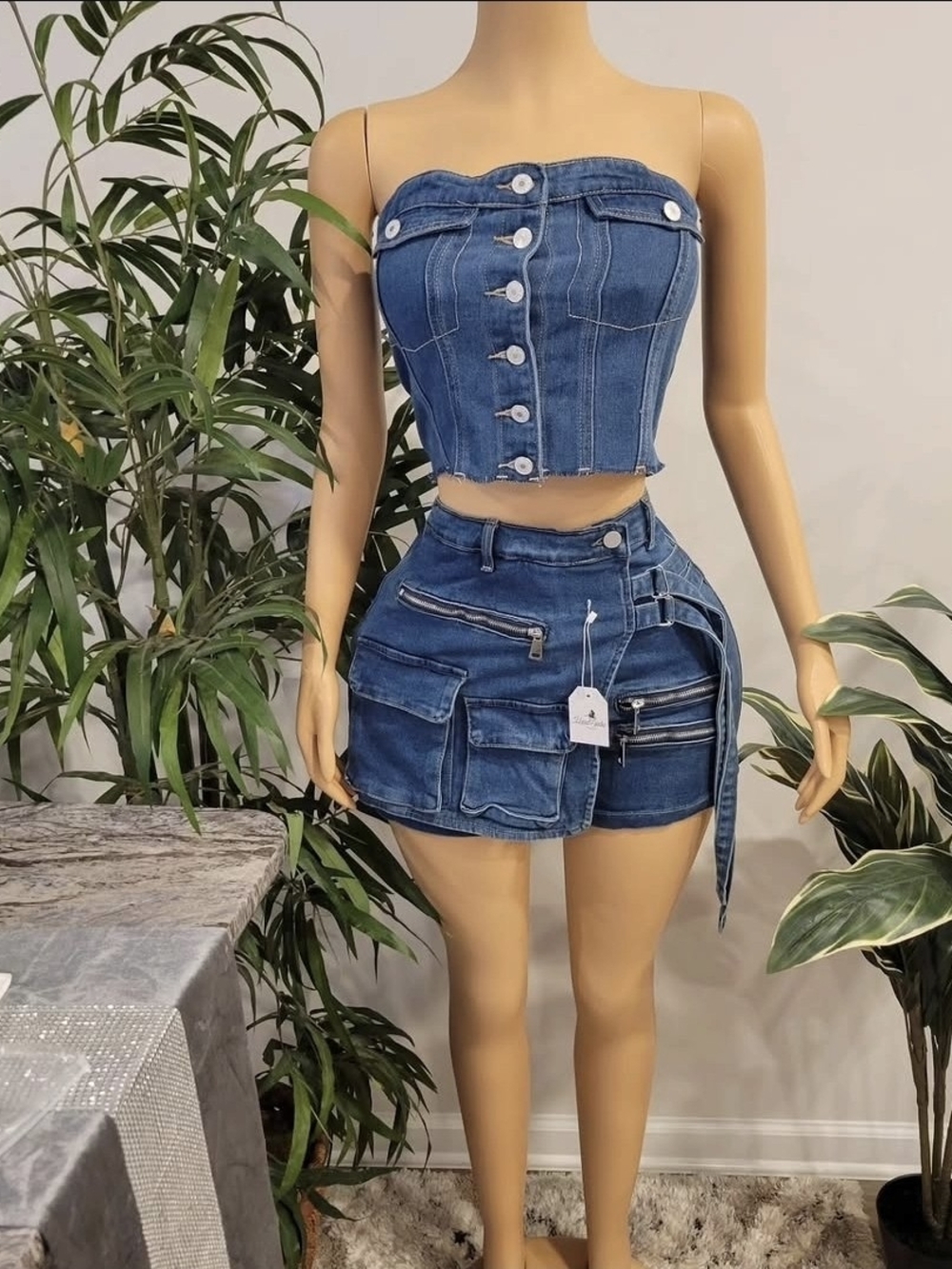 Denim Strapless Crop Top in Blue